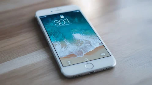White iPhone on Wooden Surface with Lock Screen.