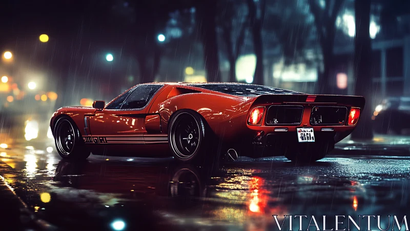 Midnight rain-runner muscle car glowing through wet neon.