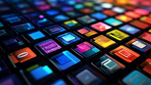 Isometric grid of glossy 3D app tiles with emissive neon reflections