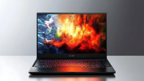 Slim gaming laptop displays vivid abstract fire explosion