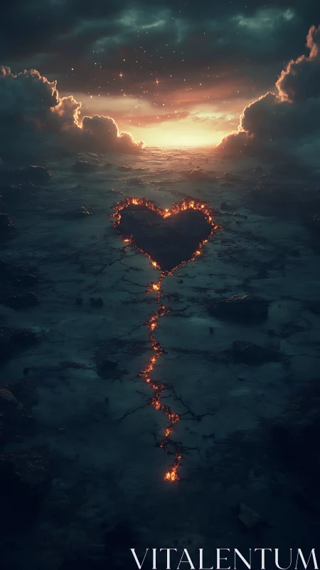 Luminescent Heart-Shaped Lava Formation Against Apocalyptic Sky.