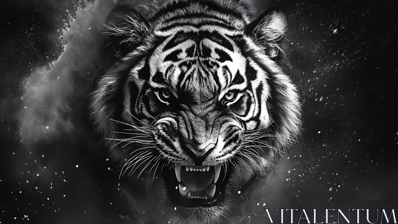 Fierce monochrome tiger roars forward through swirling darkness