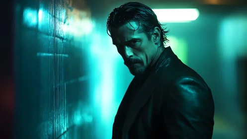 Brooding alleyway enforcer in teal neon vigilance mode.