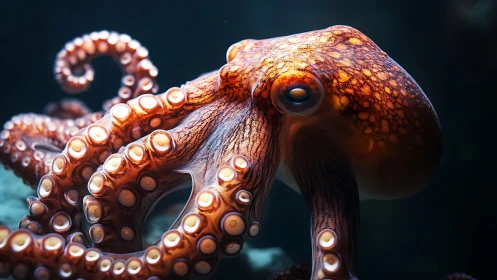 Photorealistic octopus close-up with dynamic tentacle composition.