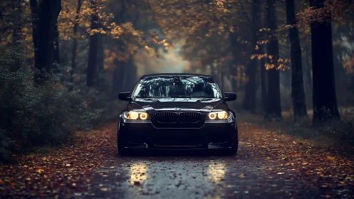 Black sports sedan cuts through misty autumn forest road