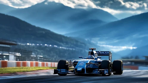 Formula race car drives on mountain circuit in cool light