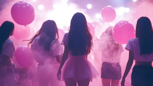 Backlit girl group in pink haze with atmospheric stage lighting.