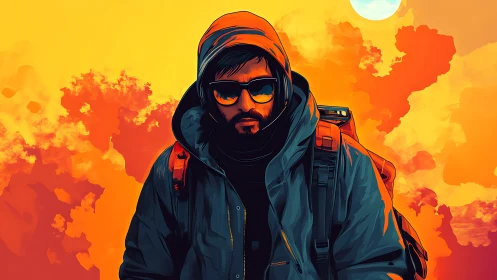 Hooded traveler stands against vivid orange sunset sky