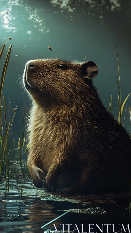 Marshlight philosopher capybara in quiet golden reverie.