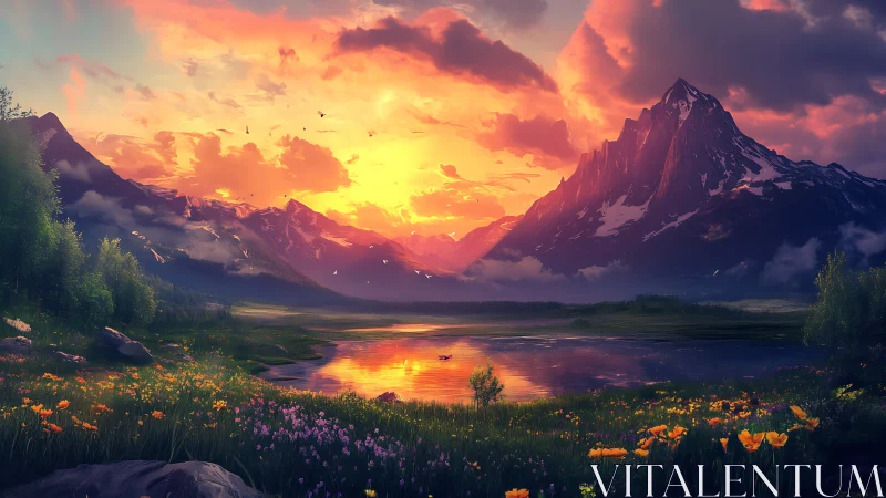 Mountain lake at sunset with wildflower meadow in foreground.