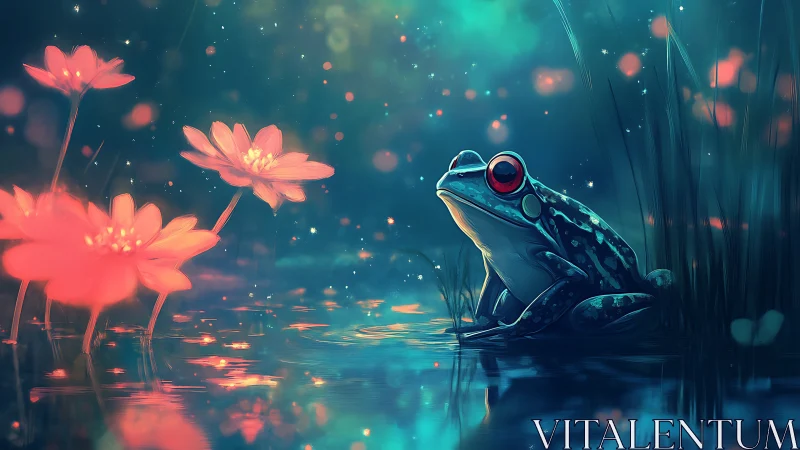 Frog sits beside glowing flowers in stylized night pond
