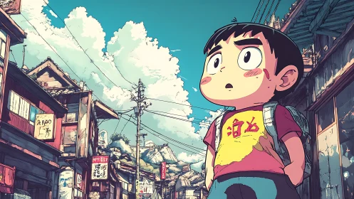 Young boy in rural Japanese street under bright sky.