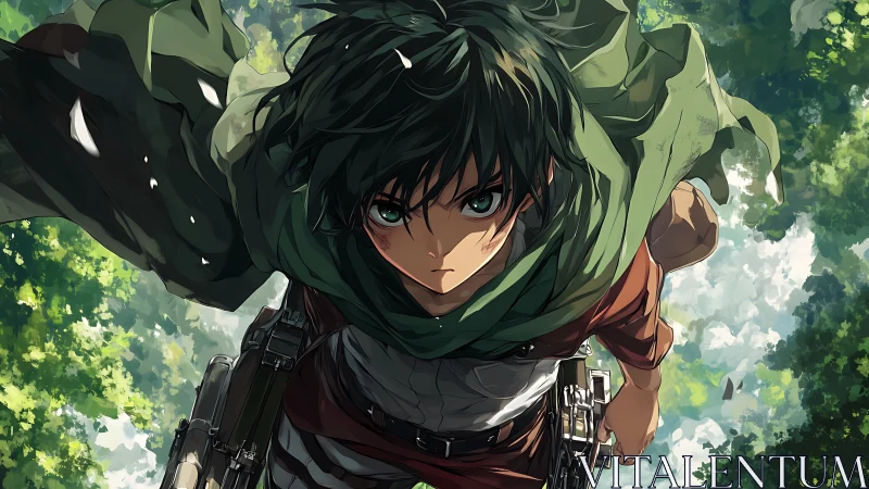 Determined anime scout charges through sunlit forest canopy.