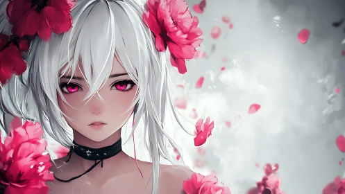 Soft-eyed anime girl framed by vivid pink blossoms.