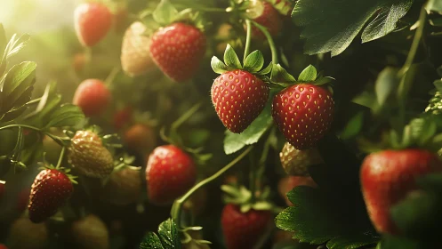 Ripening strawberries on plants under soft directional light.