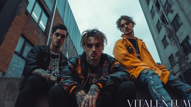 Three tattooed young men in edgy streetwear sit in alley