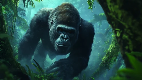Strong silverback gorilla moving through dense jungle scene.