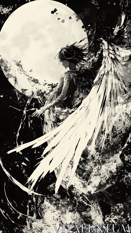 Lunar backlit winged silhouette in high‑contrast monochrome ink.