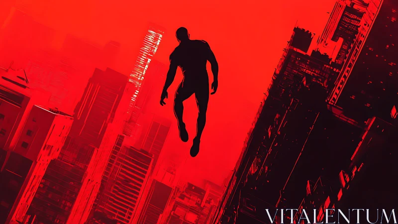 Silhouetted human figure over red cityscape background.