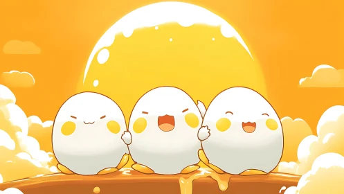 Kawaii egg trio on yolk bridge under stylized sunrise glow