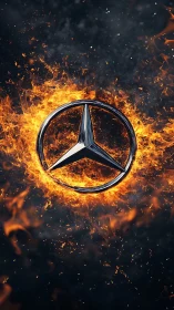 Chromed automotive star emblem encircled by volumetric flames