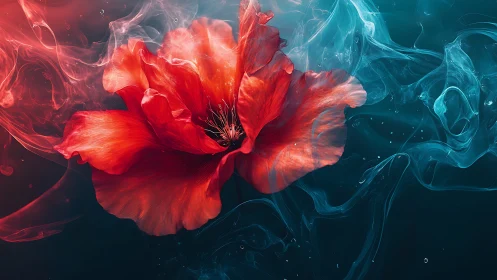 Crimson poppy suspended in ethereal teal smoke flow.