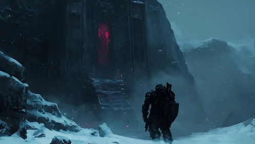 Digital painting of lone armored explorer at ominous icy gate.