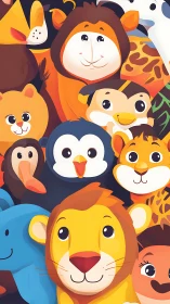 Colorful cartoon jungle animals with smiling faces