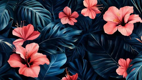 Coral Hibiscus Blooms Against Deep Teal Foliage.