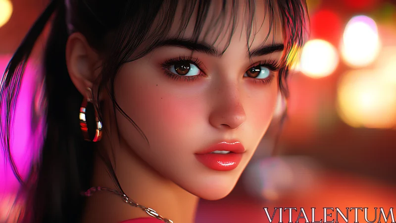 Neon-lit portrait of a glossy-lipped girl in soft focus.