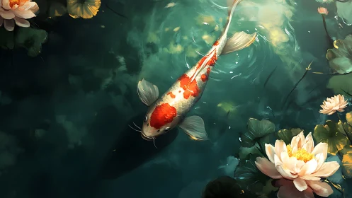 Koi carp beneath lilies in teal pond water, overhead view.