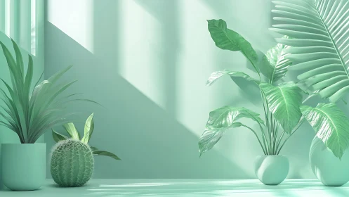 Monochrome mint indoor plants in hard sunlight, minimal set