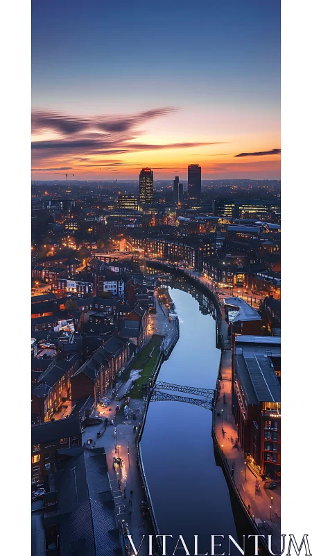 Twilight river cityscape with luminous skyline reflections.