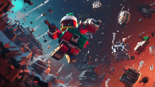 Toy astronaut rockets through a festive blocky space war