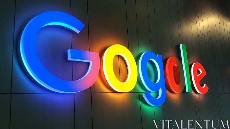 Google neon sign display with colored letter segments illuminated against dark architectural backgro