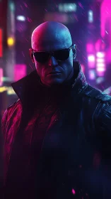 Neon‑lit cyberpunk agent stands in rain‑soaked alleyway