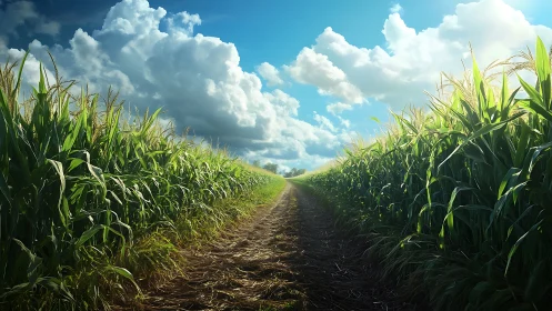 Straight farm track between tall green cornfields under sky.