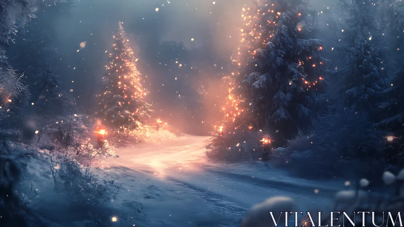Digital painting of illuminated winter forest path at dusk.