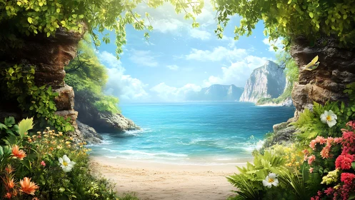 Tropical Coastal Paradise Framed by Ancient Stone Cliffs.