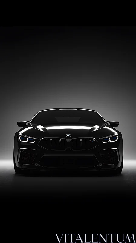 Front view of black performance coupe in studio lighting.