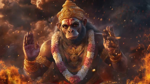 Divine monkey warrior sits amid firelit storm, blessing viewers.