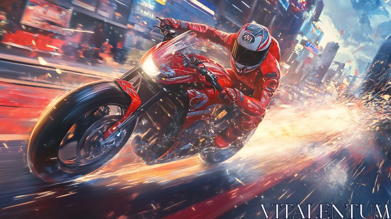 Cyber racer leans into fiery speed through neon city streets.