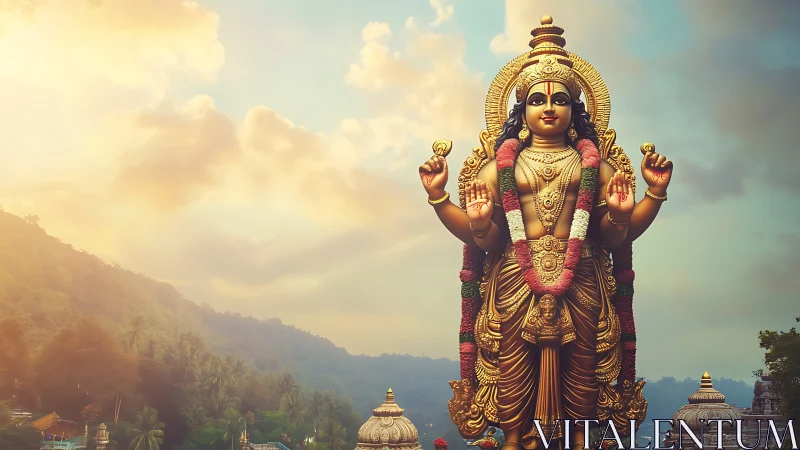 Golden Hindu deity statue stands before hazy forested hills