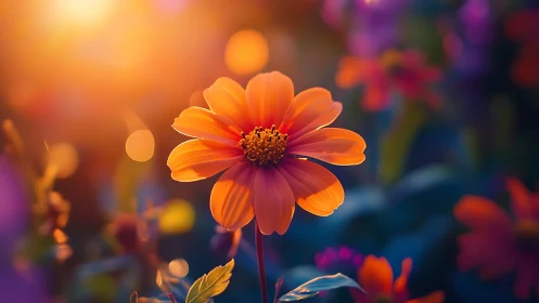 Vibrant Orange Bloom Glowing Against Bokeh Garden Background.