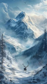 Solitary stag surveys towering snowbound mountain pass.
