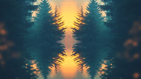 Mirrored evergreens cradle a molten sunrise corridor of mist