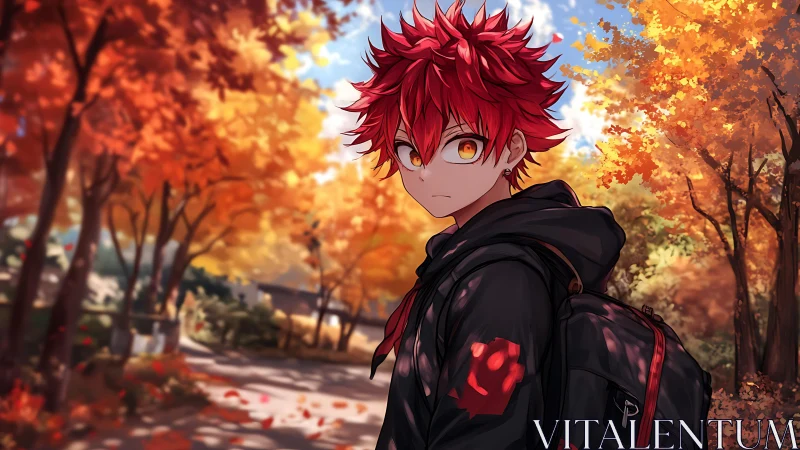 Crimson haired student under radiant autumn foliage.