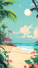 Tropical Coastal Scene with Gazebo Structure