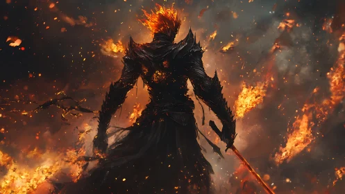 Infernal warlord ascending through storms of burning embers.