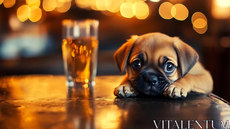 Bar-top puppy with galaxy eyes under honeyed bokeh glow.